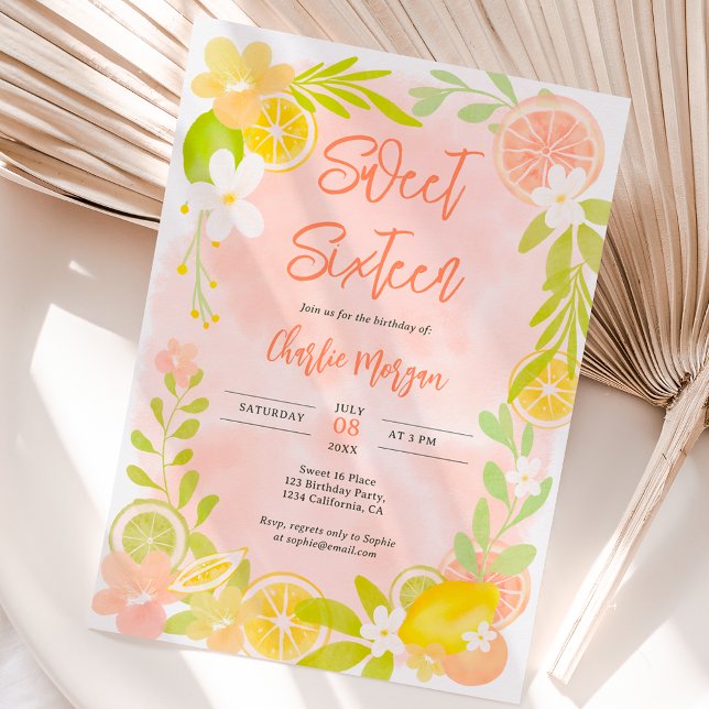 Cute summer citrus floral watercolor sweet 16 invitation (Creator Uploaded)