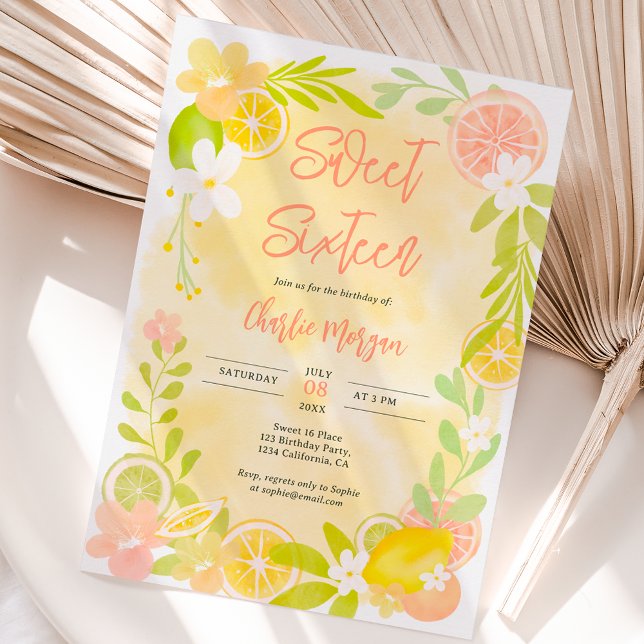 Cute summer citrus floral watercolor sweet 16 invitation (Creator Uploaded)