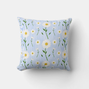 Cute Summer Daisies Pattern Light Blue Stripe Cushion