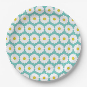 Cute Summer Daisies Pattern on Blue Paper Plate