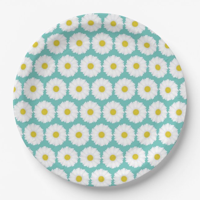 Cute Summer Daisies Pattern on Blue Paper Plate (Front)
