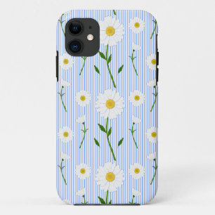Cute Summer Daisy Pattern Light Blue Stripe  iPhone 11 Case