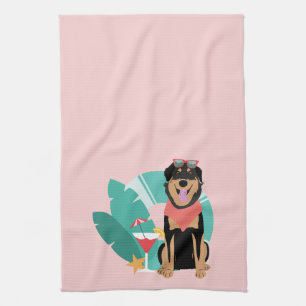 Cute Summer Dog With Sunglasses Tea Towel
