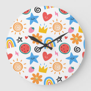 Cute Summer Doodles Whimsical Seamless Pattern Large Clock