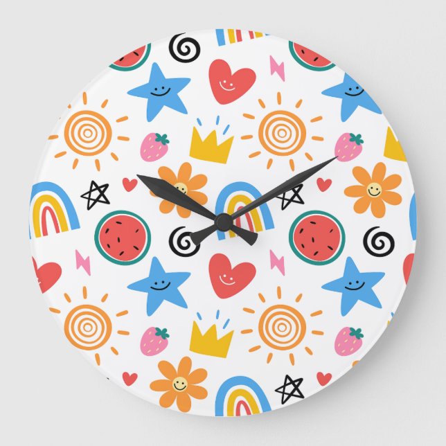 Cute Summer Doodles Whimsical Seamless Pattern Large Clock (Front)
