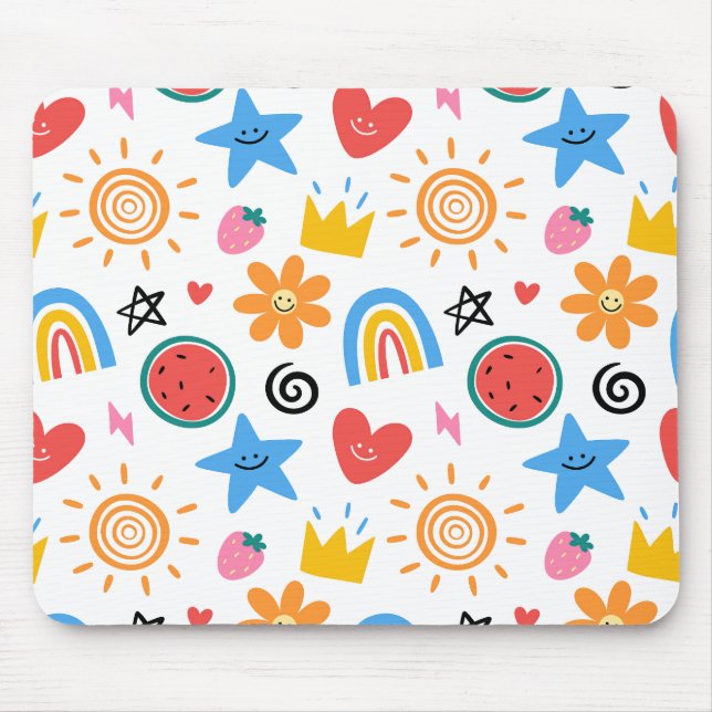 Cute Summer Doodles Whimsical Seamless Pattern Mouse Mat (Front)