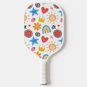 Cute Summer Doodles Whimsical Seamless Pattern Pickleball Paddle