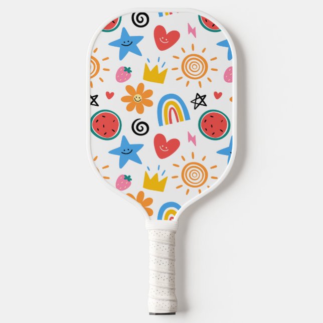 Cute Summer Doodles Whimsical Seamless Pattern Pickleball Paddle (Front)