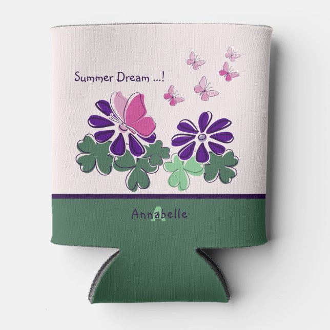 Cute Summer Dream! Pink Butterfly Purple Flower Can Cooler (Front)