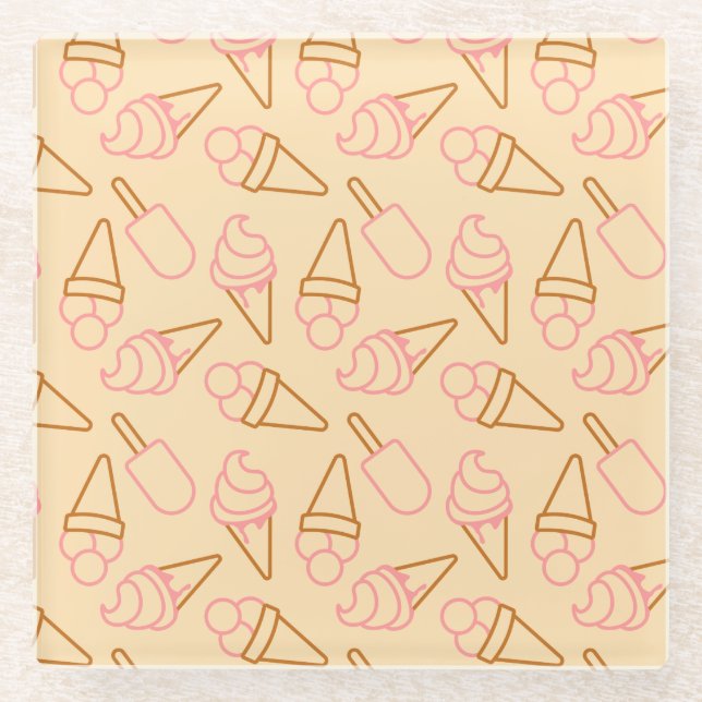 Cute summer food with outline ice cream contours glass coaster (Front)