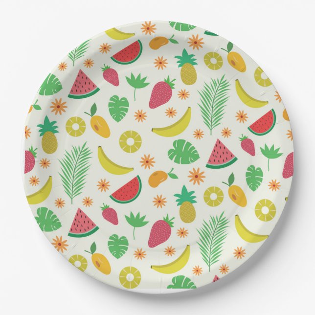 Cute summer fruits and tropical leaves pattern    paper plate (Front)