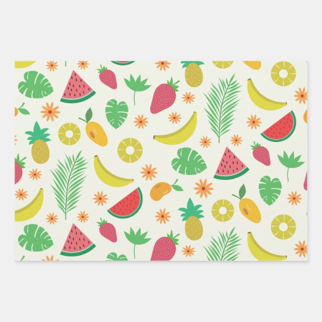 Cute summer fruits and tropical leaves pattern  wrapping paper sheet (Front 3)