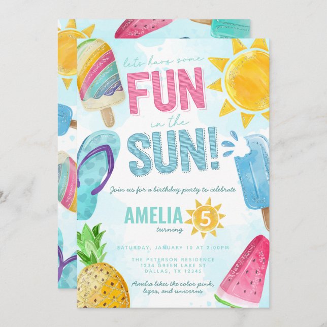 Cute Summer Fun In the Sun Pool Party Birthday Invitation (Front/Back)