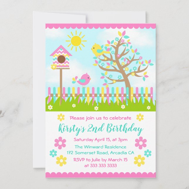 Cute Summer Garden and Birds Birthday Invitation (Front)