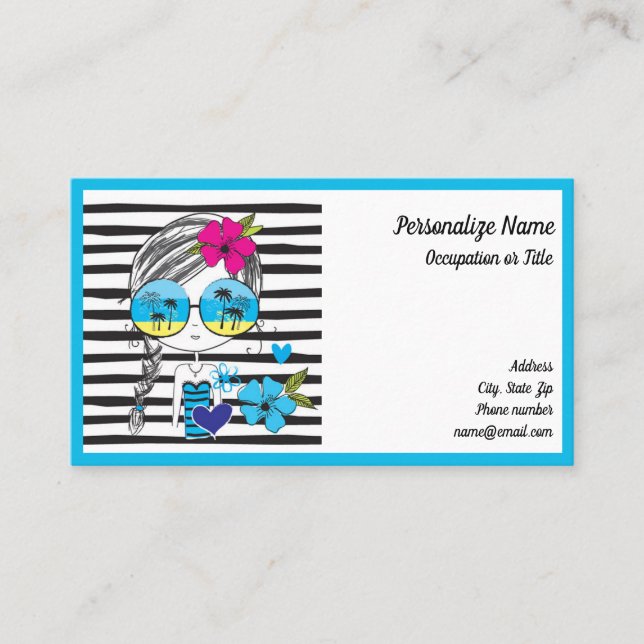 Cute Summer Girl Beach Palm Trees Blue Black Busin Business Card (Front)