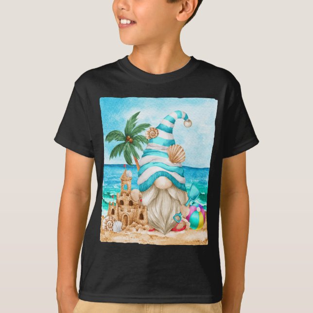 Cute Summer Gnome On The Sea With Sand Castle For  T-Shirt (Front)