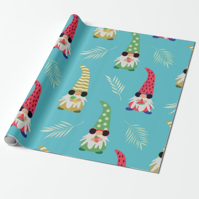 Cute summer gnomes holding fruits pattern  wrapping paper (Unrolled)