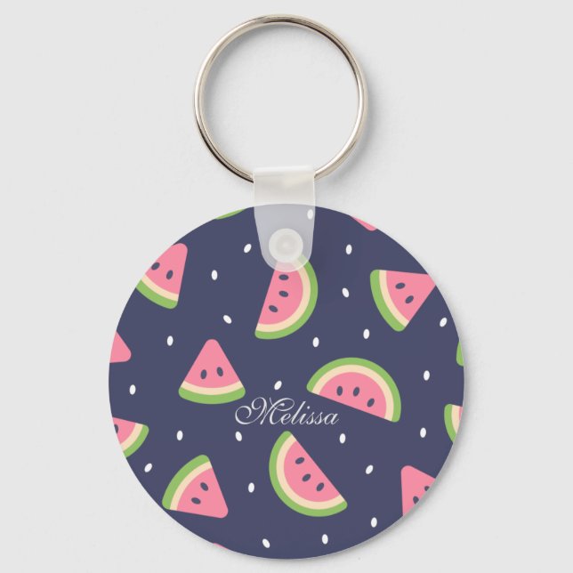 Cute Summer Green Pink Watercolor Watermelon Fruit Key Ring (Front)