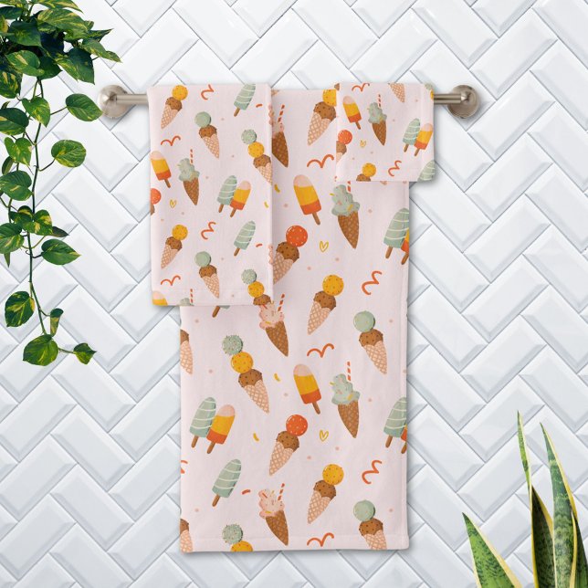 Cute Summer Ice Cream Pattern Bath Towel Set (In situ Bathroom wall)