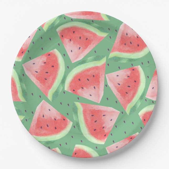 Cute Summer Kawaii Watercolor Watermelon Paper Plate (Front)