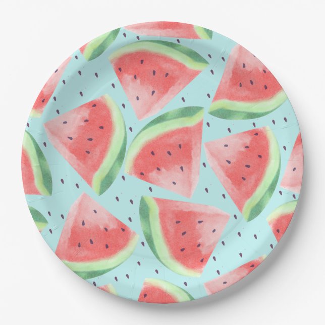 Cute Summer Kawaii Watercolor Watermelon Paper Plate (Front)