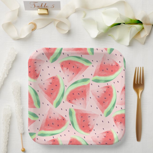Cute Summer Kawaii Watercolor Watermelon Paper Plate (Wedding)