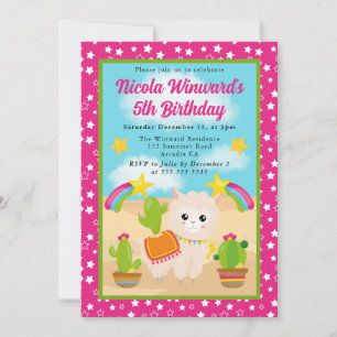 Cute Summer Llama Fiesta Kids Birthday Invitation