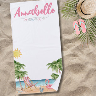 Cute Summer Name Watercolor Palm Tree Tropical Beach Towel