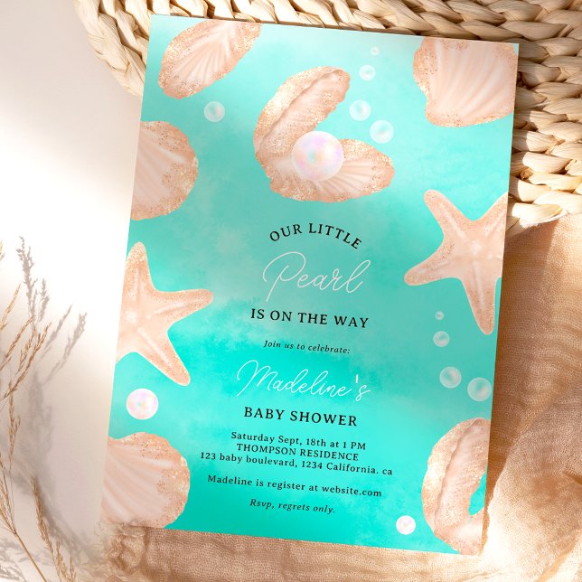 Cute summer ocean little pearl baby shower invitation (Cute summer ocean little pearl baby shower blue ocean  invitation)