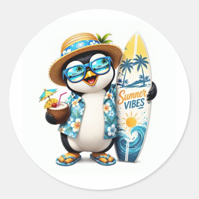 Cute Summer Penguin Surfboard Sticker (Front)