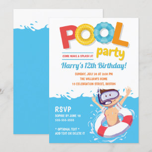 Cute Summer Pool Party Boy Birthday Invitation
