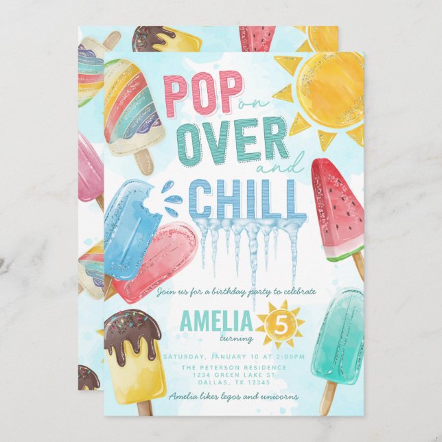 Cute Summer Popsicle Pop Over Chill Birthday Party Invitation (Front/Back)