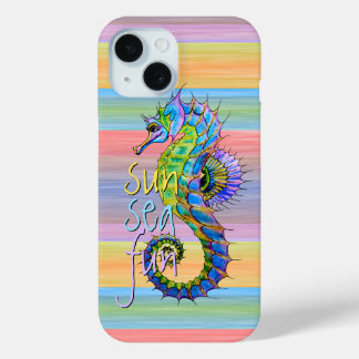 Cute Summer Seahorse Watercolor Stripes Pattern iPhone 15 Case