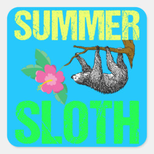 Cute Summer Sloth Blue Square Sticker