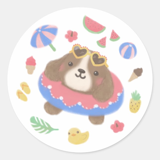 Cute Summer Spaniel Dog Illustration Classic Round Sticker (Front)