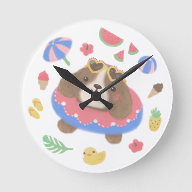 Cute Summer Spaniel Dog Illustration Round Clock (Front)