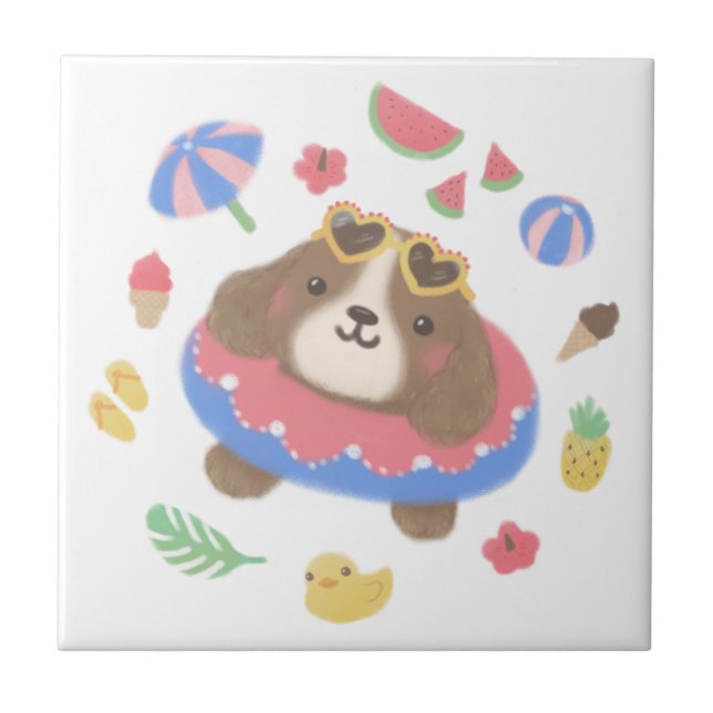 Cute Summer Spaniel Dog Illustration Tile (Front)