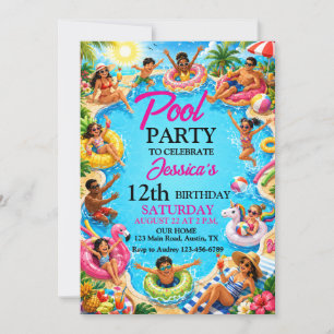 Cute Summer Splash Pool Party Birthday Invitation