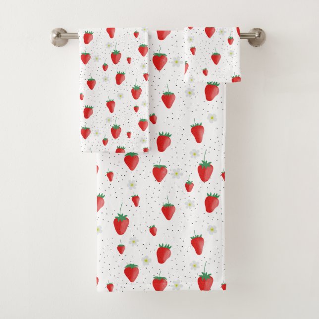 Cute Summer Strawberries & Blossoms Bath Towel Set (Insitu)