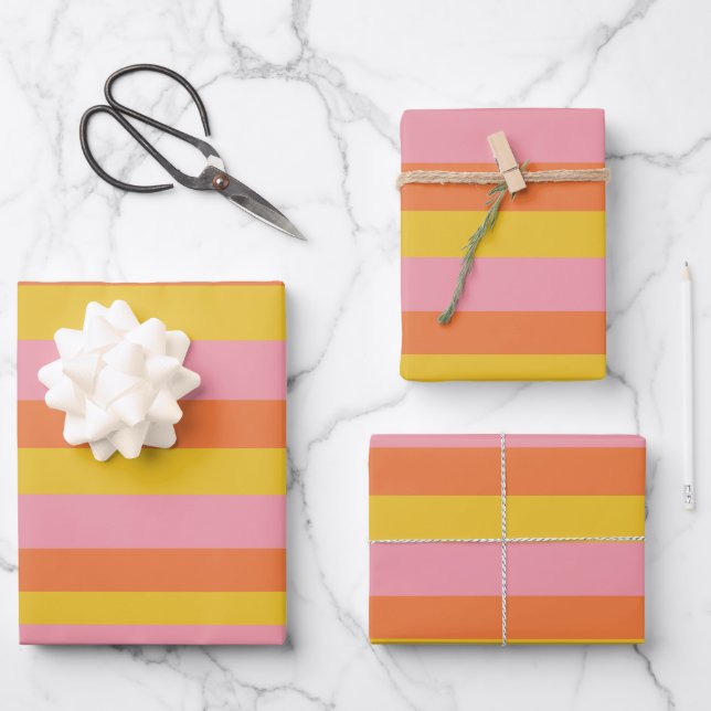 Cute Summer Stripes in Pink Yellow Orange  Wrapping Paper Sheet (Front)