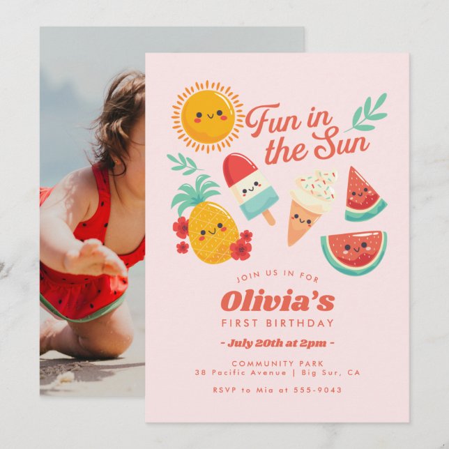 Cute Summer Sun Birthday Invitation (Front/Back)