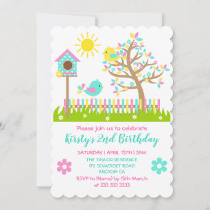 Cute Summer Tree Flowers Birds Birthday Party Invitation