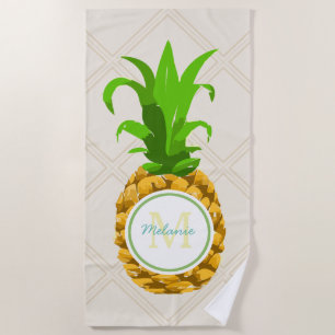 Cute Summer Tropical Pineapple & Name Beach Towel