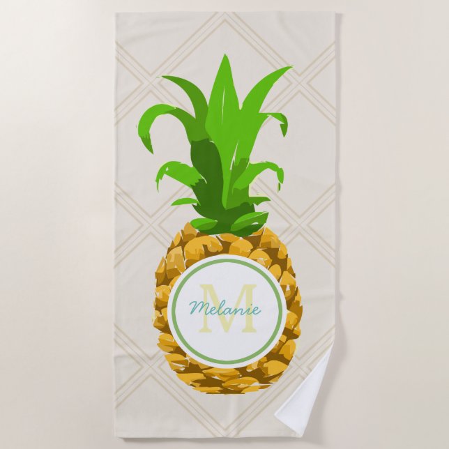 Cute Summer Tropical Pineapple & Name Beach Towel (Front)