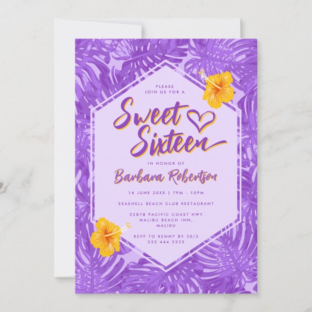 Cute Summer Tropical Purple Floral Sweet Sixteen Invitation (Front)