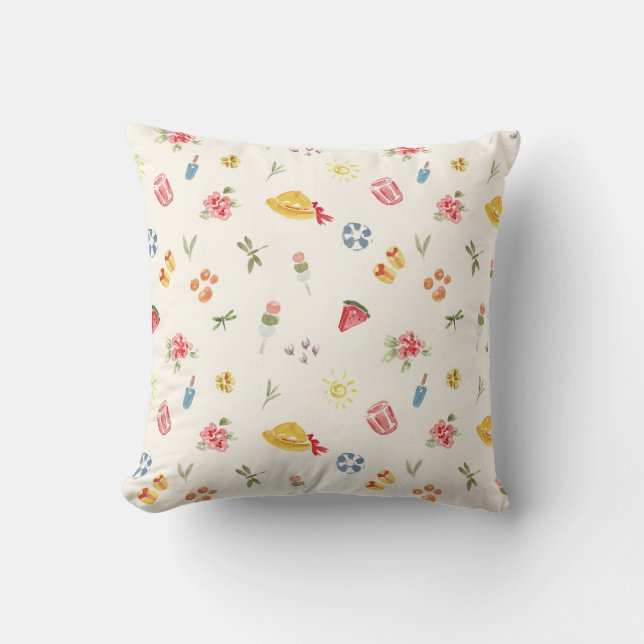 Cute Summer Watercolor: Watermelon, Dango & Sun Cushion (Front)