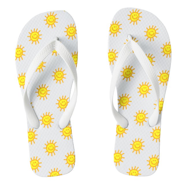 Cute Summertime Happy Face Sun Pattern White Flip Flops (Footbed)