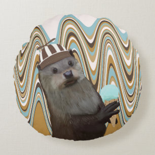 Cute Summertime Otter With Ice Cream Round Cushion