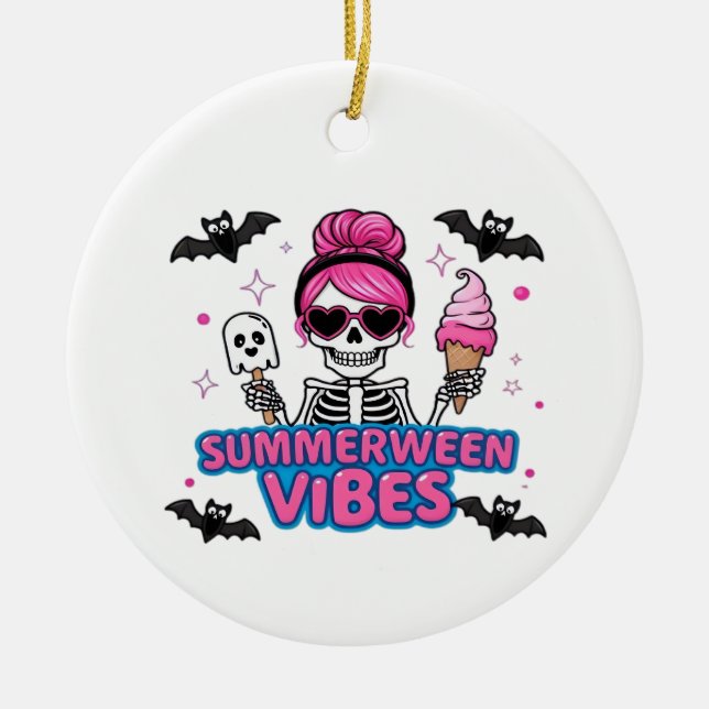Cute Summerween Vibes Skeleton IceCream Summer Vac Ceramic Tree Decoration (Front)