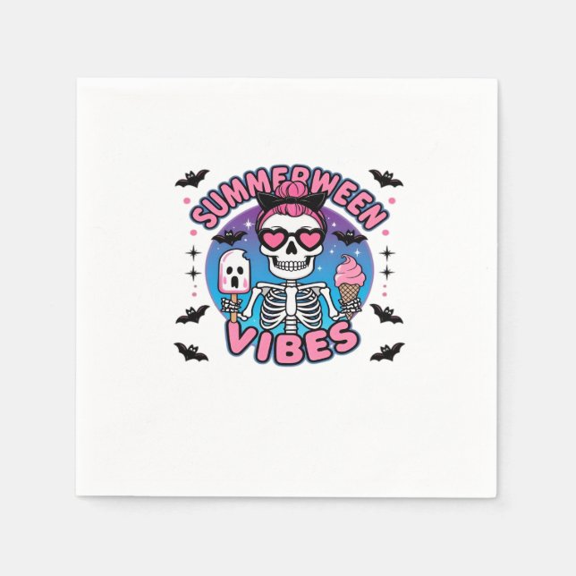 Cute Summerween Vibes Skeleton IceCream Summer Vac Napkin (Front)